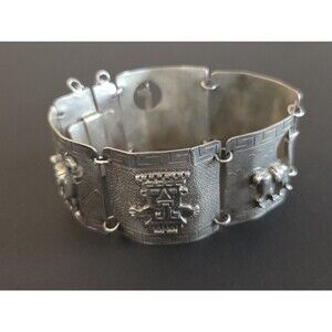 Vintage Peruvian .925 Silver Storyteller Panel Bracelet - Tumi/Llama 3D Repoussé